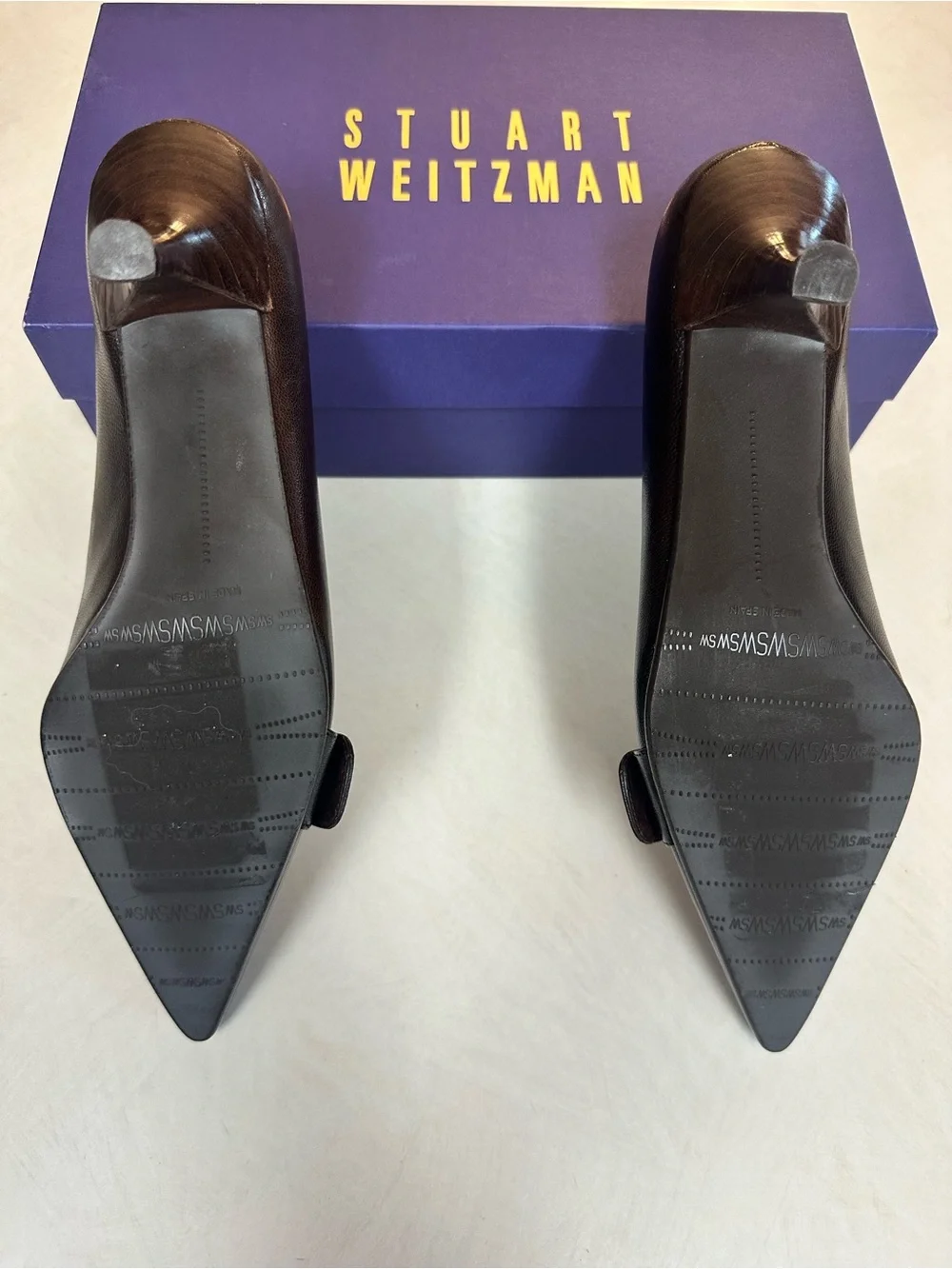Stuart Weitzman Dark Brown Pointed Leather Low Heels with Brass Buckle